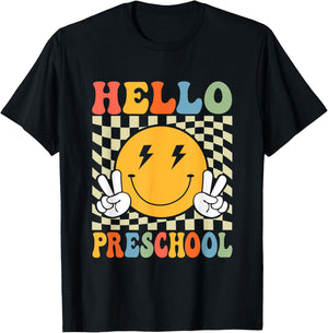 First Day Hello Preschool Teacher Boy Girl Back To School T-Shirt - T-Shirt | Black