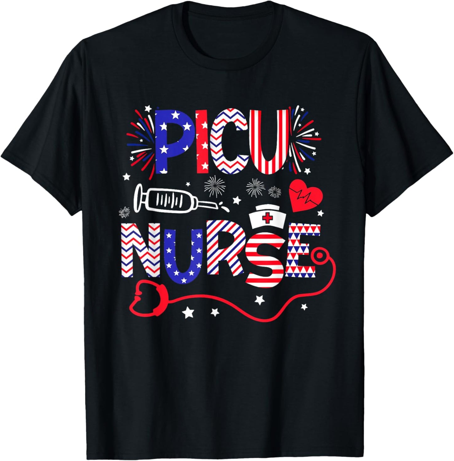 PICU Nurse 4th Of July Patriotic American Flag Stethoscope T-Shirt - T-Shirt | Black