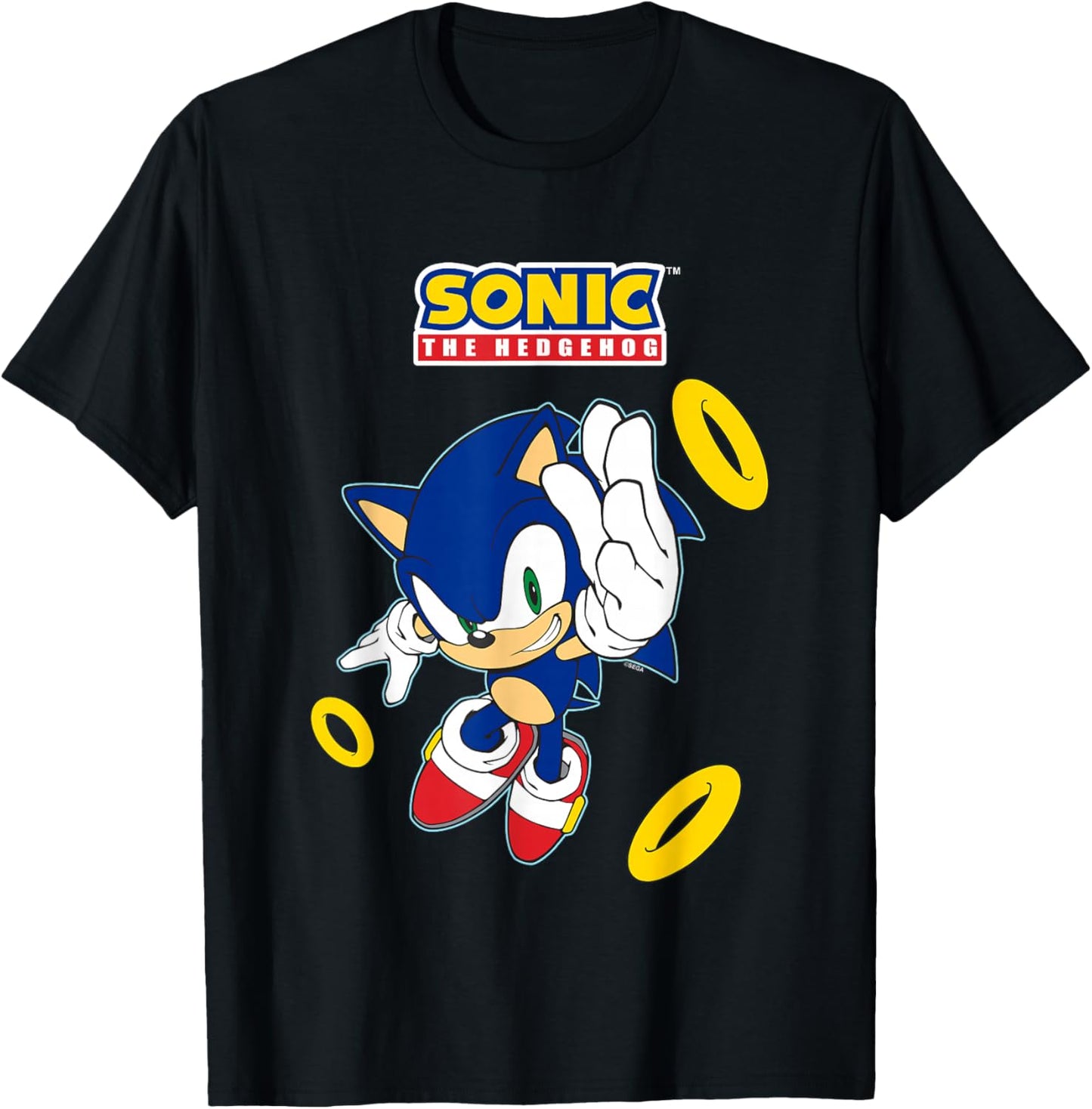 Sonic The Hedgehog In A Hurry Golden Rings Cool Shot T-Shirt - T-Shirt | Black