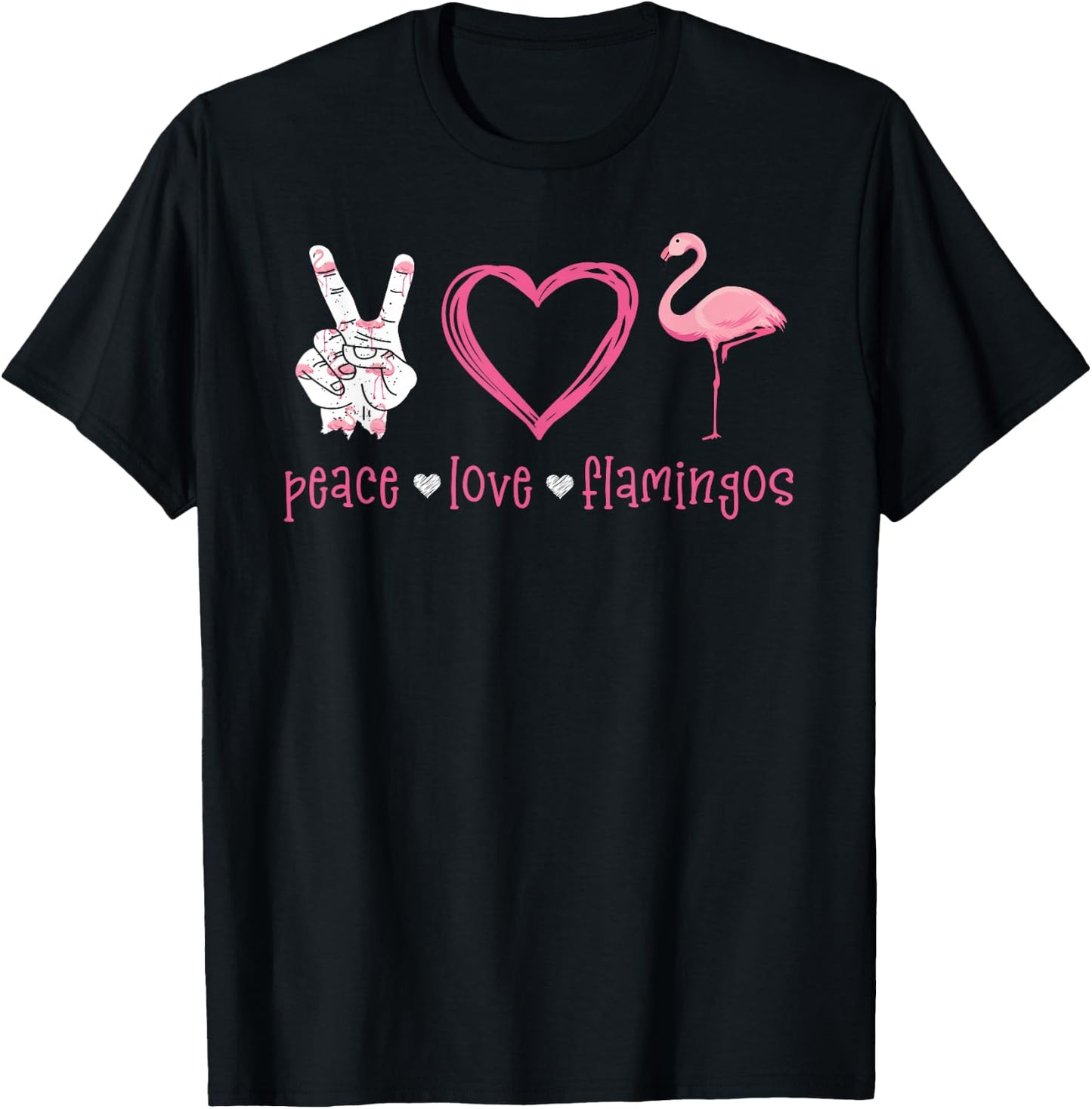 Peace Love Flamingo Hand Sign Heart Flamingo Lovers T-Shirt - T-Shirt | Black