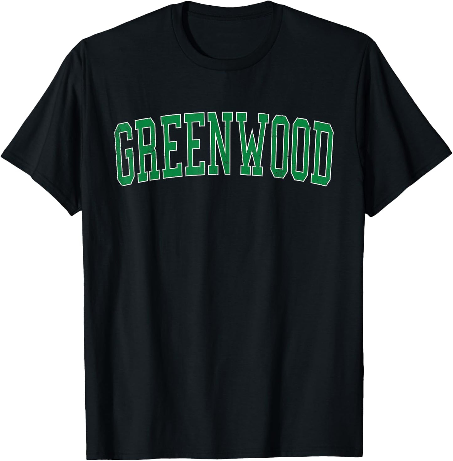 Vintage Greenwood IN Distressed Green Varsity Style T-Shirt - T-Shirt | Black