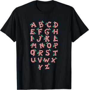 Christmas Alphabet Candy Cane X-Mas Holiday Teacher Women Kids T-Shirt - T-Shirt | Black