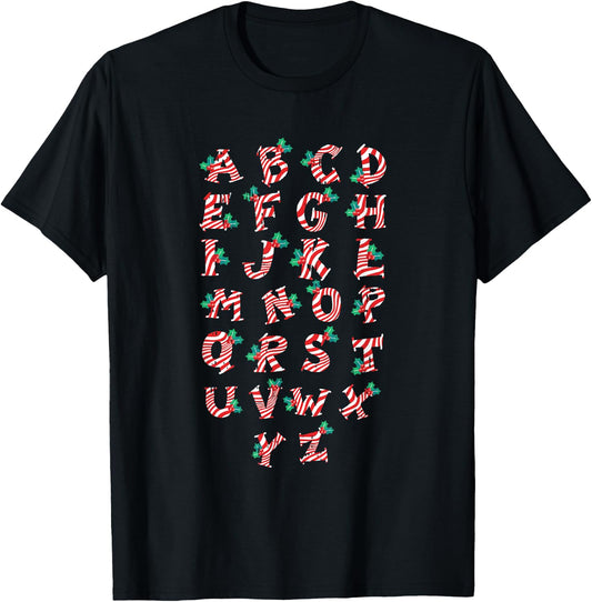Christmas Alphabet Candy Cane X-Mas Holiday Teacher Women Kids T-Shirt - T-Shirt | Black