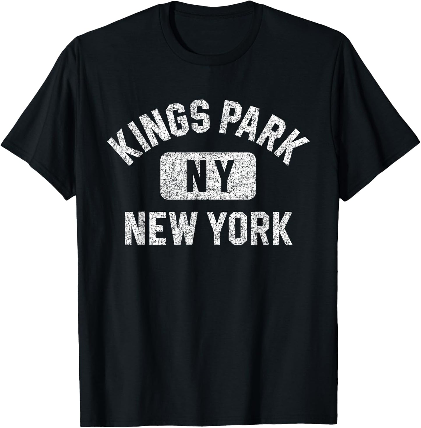 Kings Park NY New York Gym Style Distressed White Print T-Shirt - T-Shirt | Black