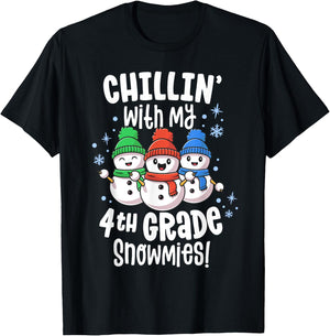 Chillin With My Snowmies 4th Grade Teacher Christmas Shirt Women Kids T-Shirt - T-Shirt | Black