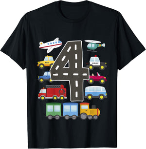 4 Year Old Transportation Birthday Car Train Plane 4th Gift T-Shirt - T-Shirt | Black