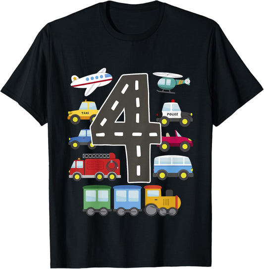 4 Year Old Transportation Birthday Car Train Plane 4th Gift T-Shirt - T-Shirt | Black
