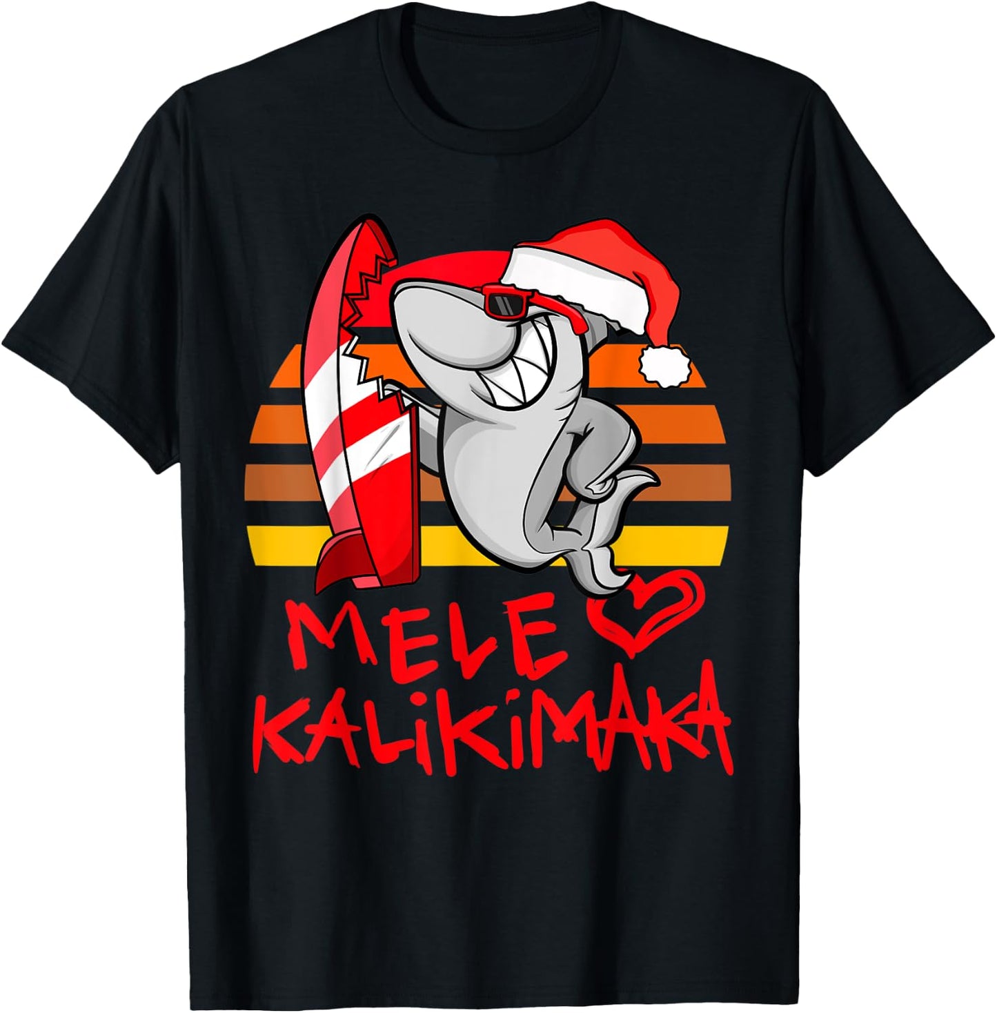Mele Kalikimaka Christmas Shark Retro Sunset T-Shirt - T-Shirt | Black