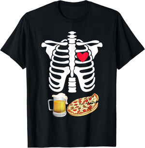 Skeleton Pregnancy Beer Pizza X-Ray Halloween Costume T-Shirt - T-Shirt | Black