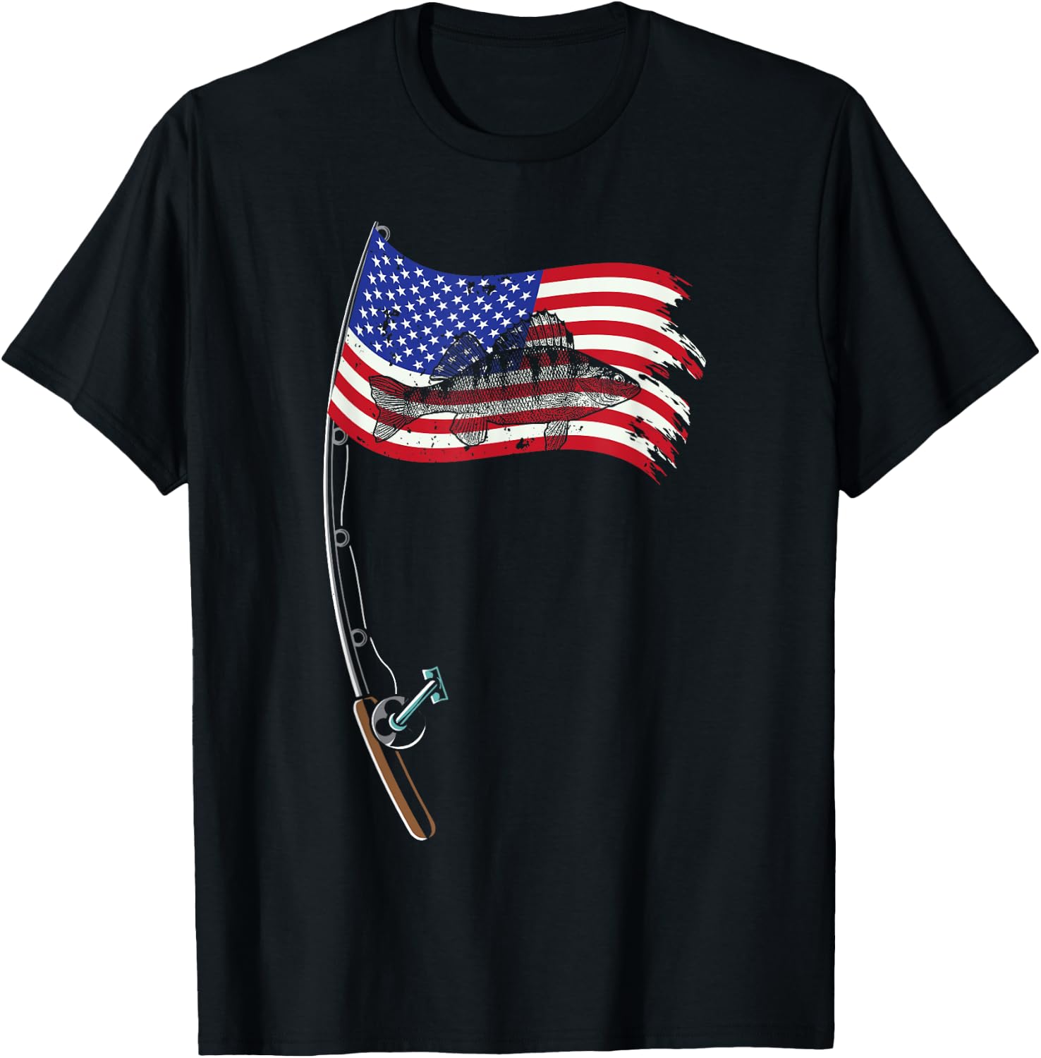 American Flag Fishing Gift Pole Walleye Fisherman Cool Fish T-Shirt - T-Shirt | Black