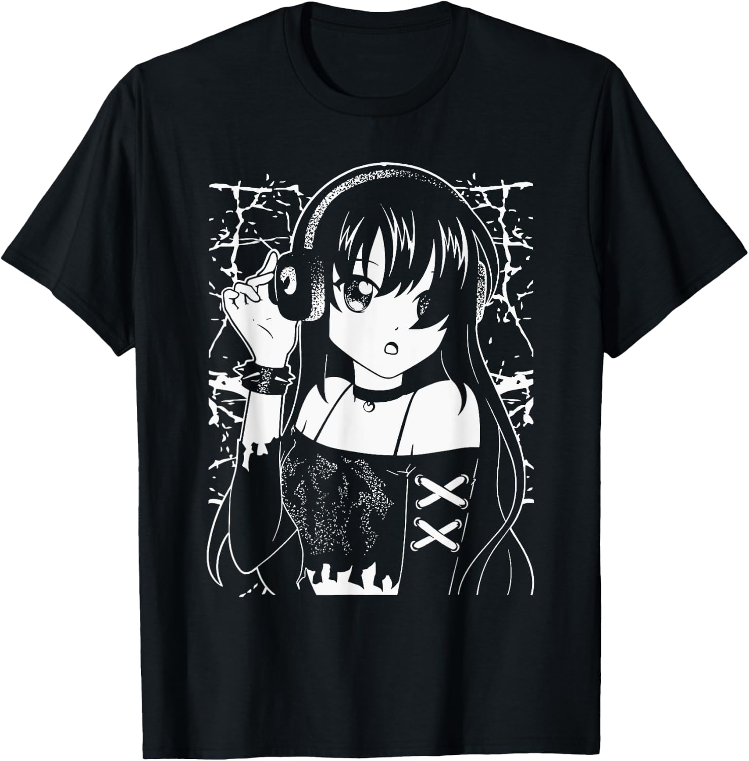 Anime Music Enthusiast Anime Girl with Headphones Gothic T-Shirt - T-Shirt | Black