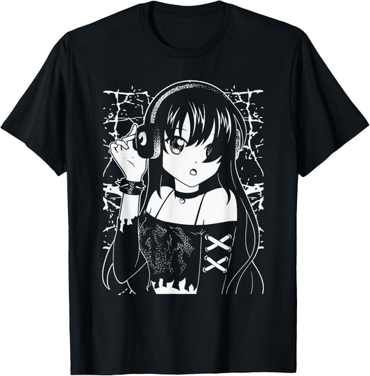 Anime Music Enthusiast Anime Girl with Headphones Gothic T-Shirt - T-Shirt | Black