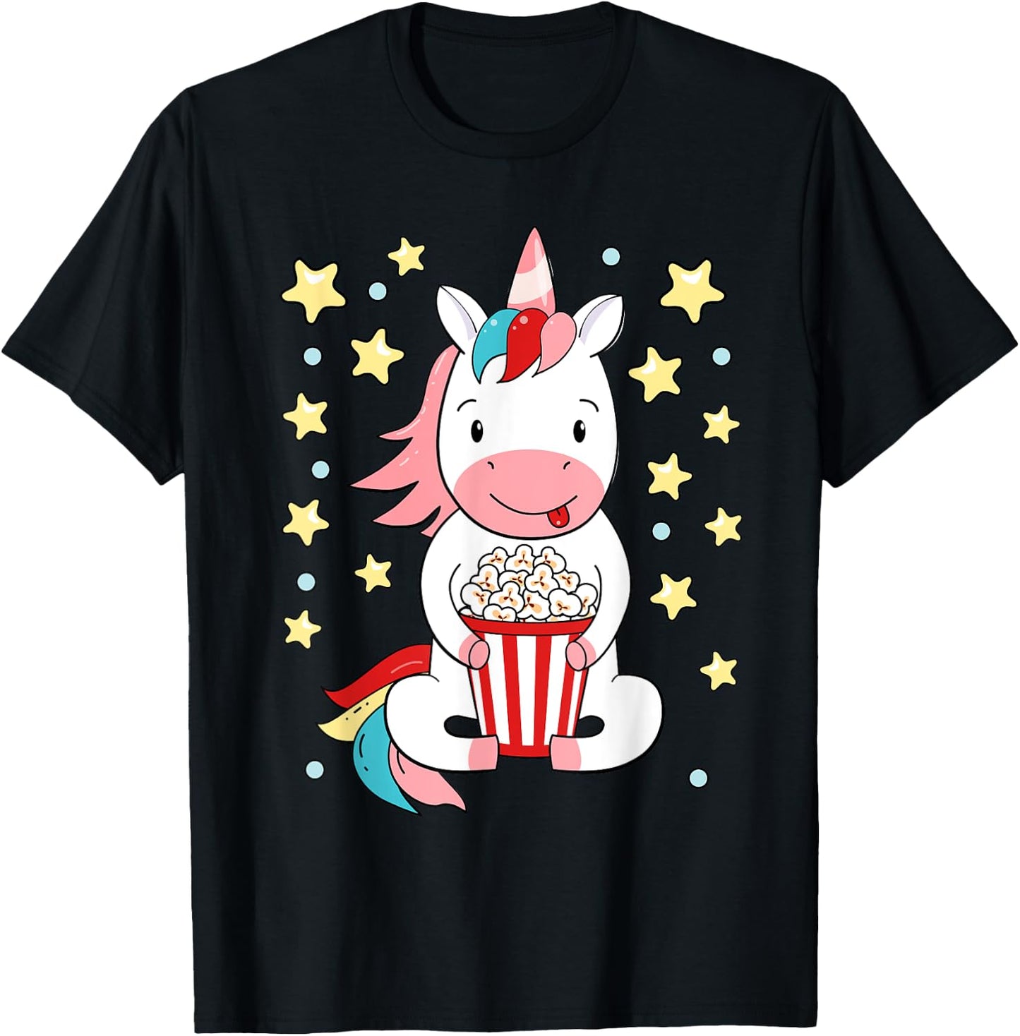 Kawaii Unicorn Popcorn For Movie Enthusiasts, Movie Night T-Shirt - T-Shirt | Black