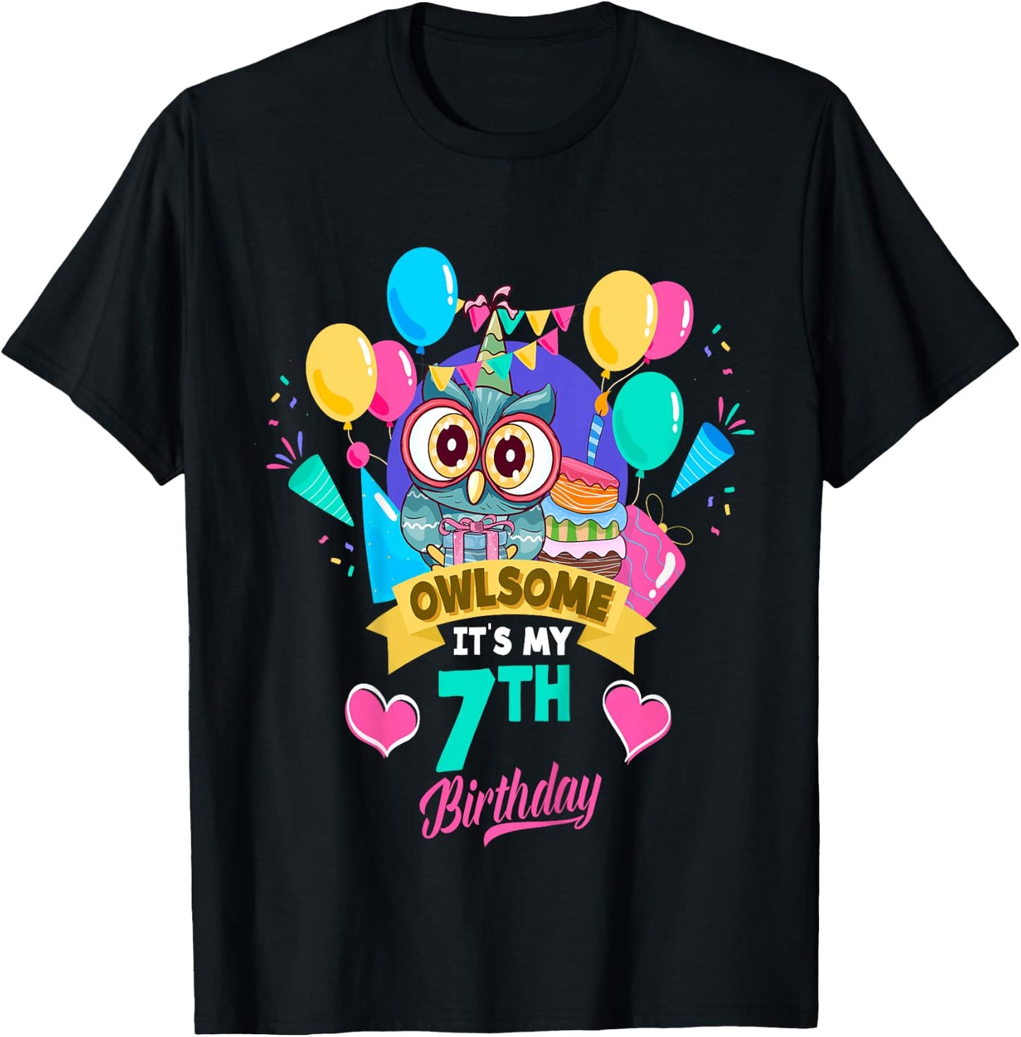 Seven Year Old Birthday Owlsome It's My 7th Birthday Owl T-Shirt - T-Shirt | Black