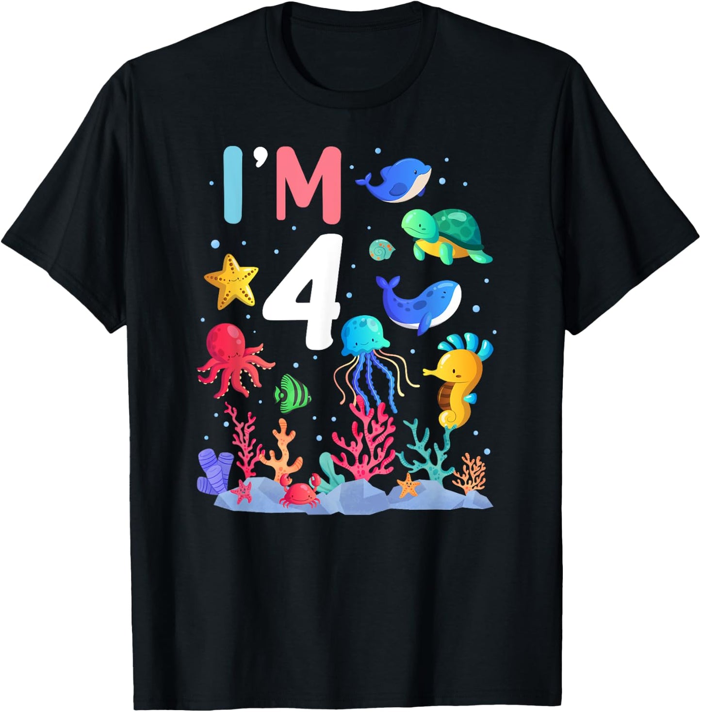4th Birthday Party Turtle Jellyfish I'm 4 Years Old age Bday T-Shirt - T-Shirt | Black