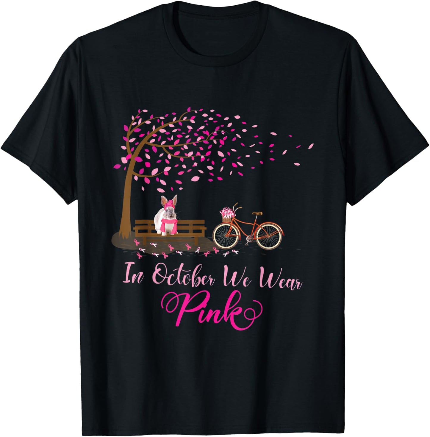 In October We Wear Pink Rabbit Fall Leaves Breast Cancer T-Shirt - T-Shirt | Black