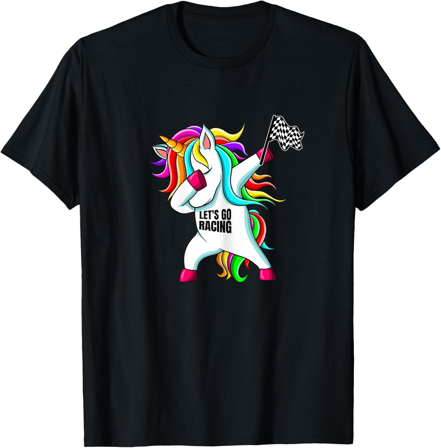 Race Car Racing Dabbing Unicorn Checkered Flag T-Shirt - T-Shirt | Black