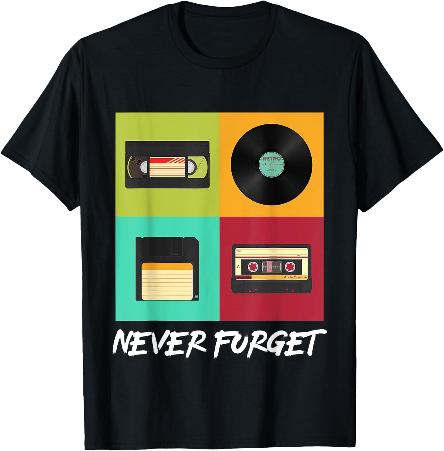Never Forget Vintage Floppy Disk Video Tape Music Disc Style T-Shirt - T-Shirt | Black
