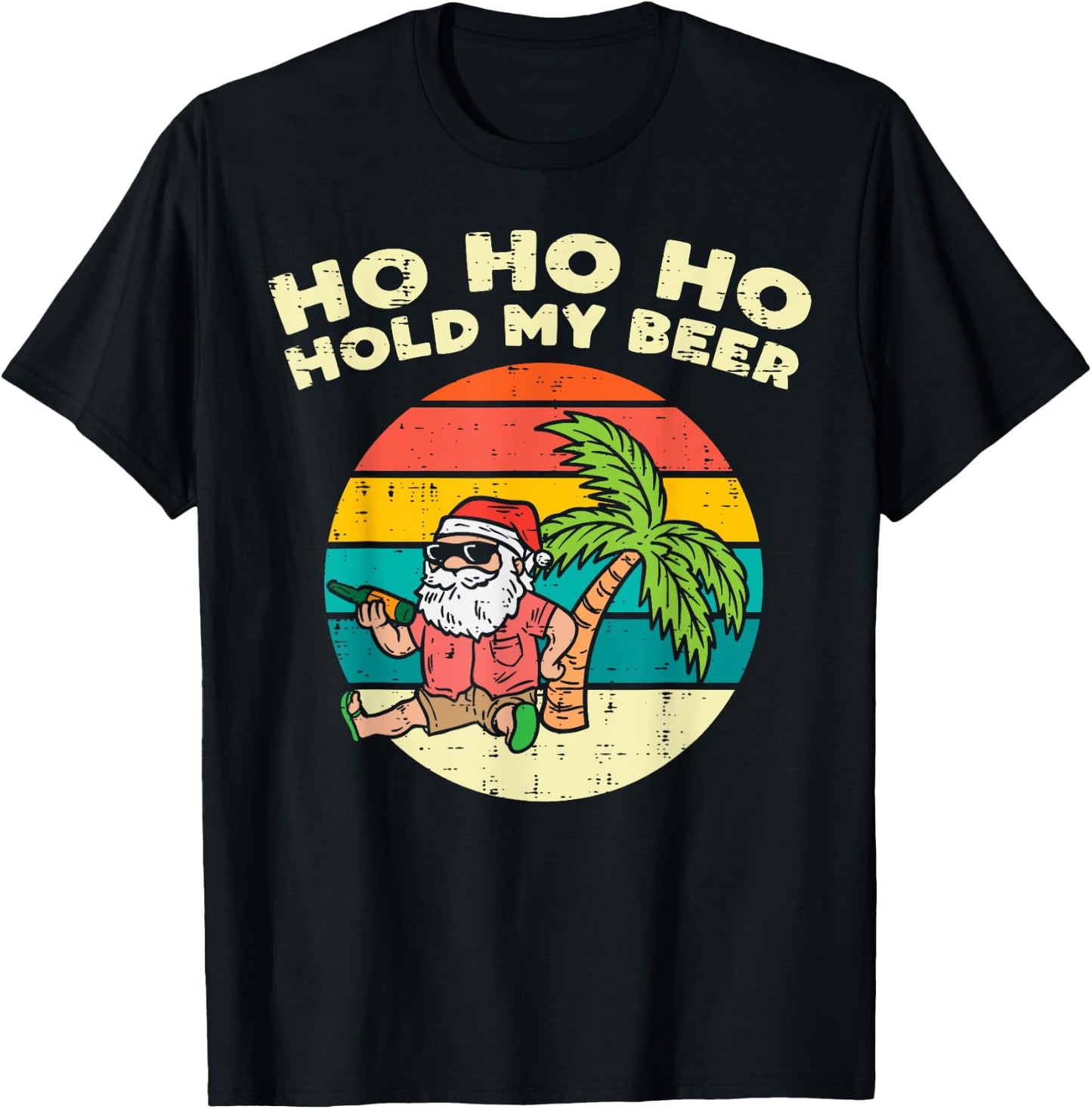 Ho Ho Hold My Beer Santa Beach Christmas In July Drinking T-Shirt - T-Shirt | Black
