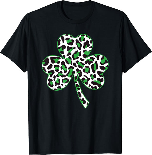 Cute Shamrock Leopard Print St Patricks Day Irish Pattern T-Shirt - T-Shirt | Black