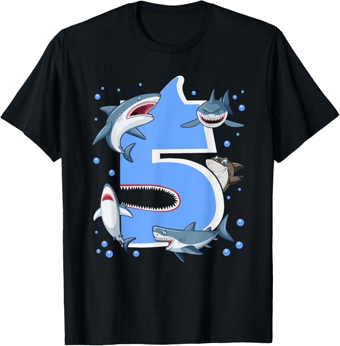 5th Birthday Boys Shark 5 years Old Shark B-day T-Shirt - T-Shirt | Black