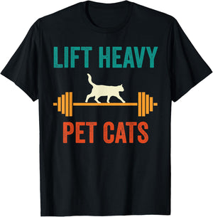 Lift Heavy Pet Cats Funny Gym Workout Weight Lifter Retro T-Shirt - T-Shirt | Black