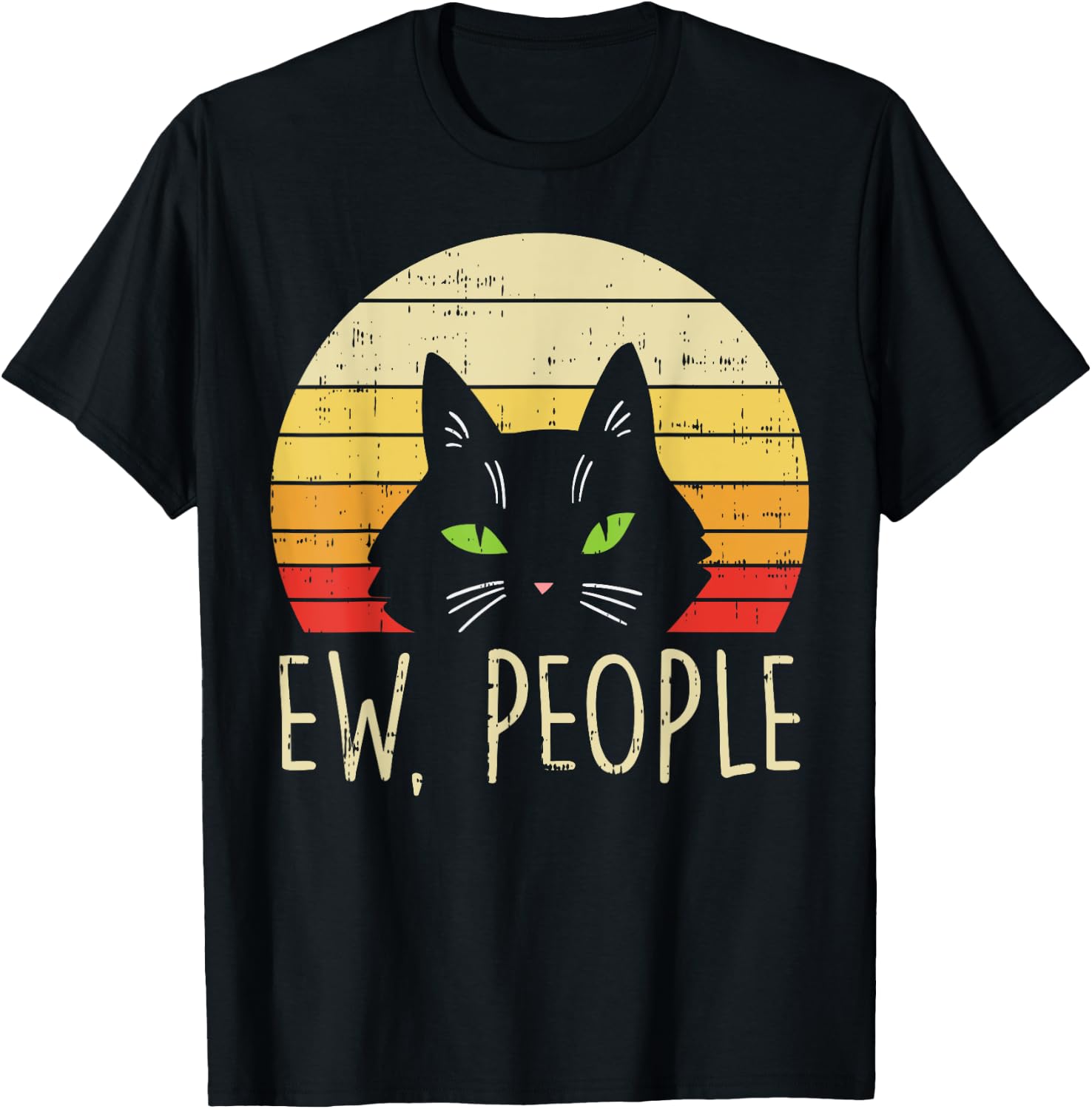 Ew People Cat Sunset Retro Introvert Pet Lover Owner Gift T-Shirt - T-Shirt | Black