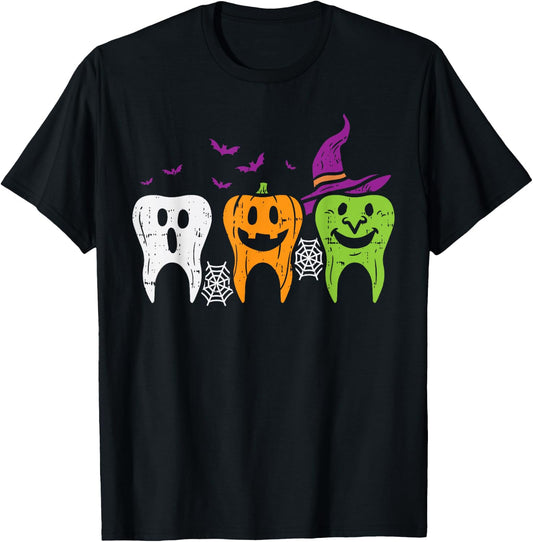Teeth Ghost Pumpkin Witch Cute Dental Halloween Dentist Gift T-Shirt - T-Shirt | Black