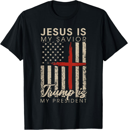 Jesus Is My Savior Trump Is My President 2024 USA Flag Cross T-Shirt - T-Shirt | Black