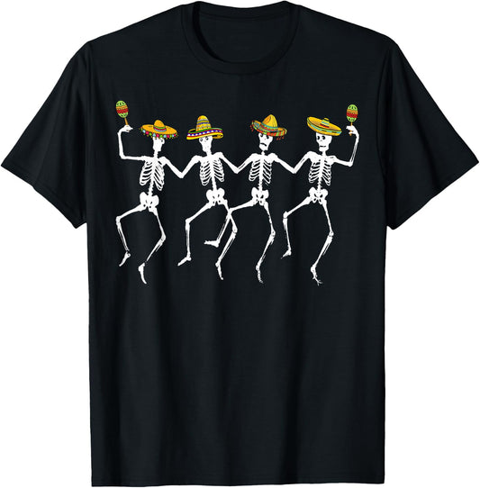 Funny Dancing Skeletons Sombreros Maracas - Cinco de Mayo T-Shirt - T-Shirt | Black