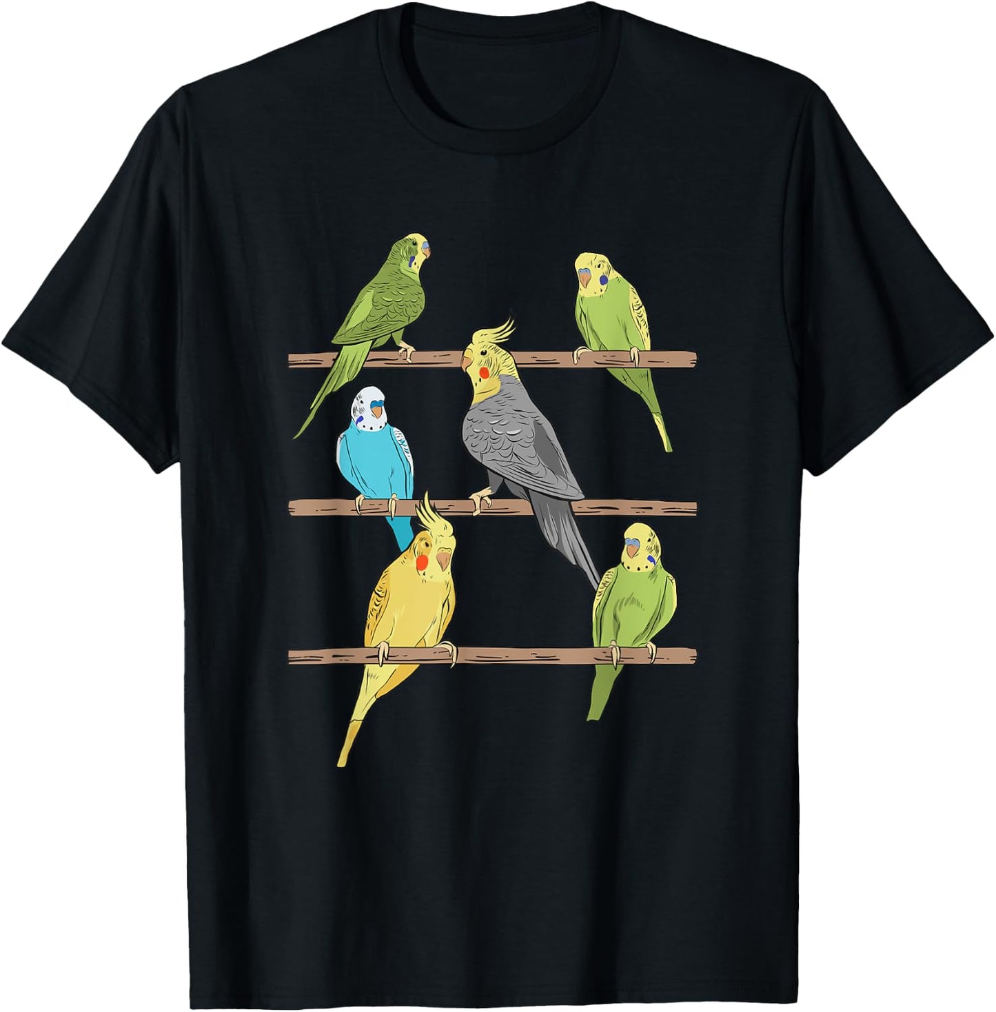 Budgie and Cockatiels on Poles Budgie T-Shirt - T-Shirt | Black
