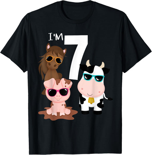 Cool Farm Animals 7th Birthday Party 7 Year Old Toddler T-Shirt - T-Shirt | Black