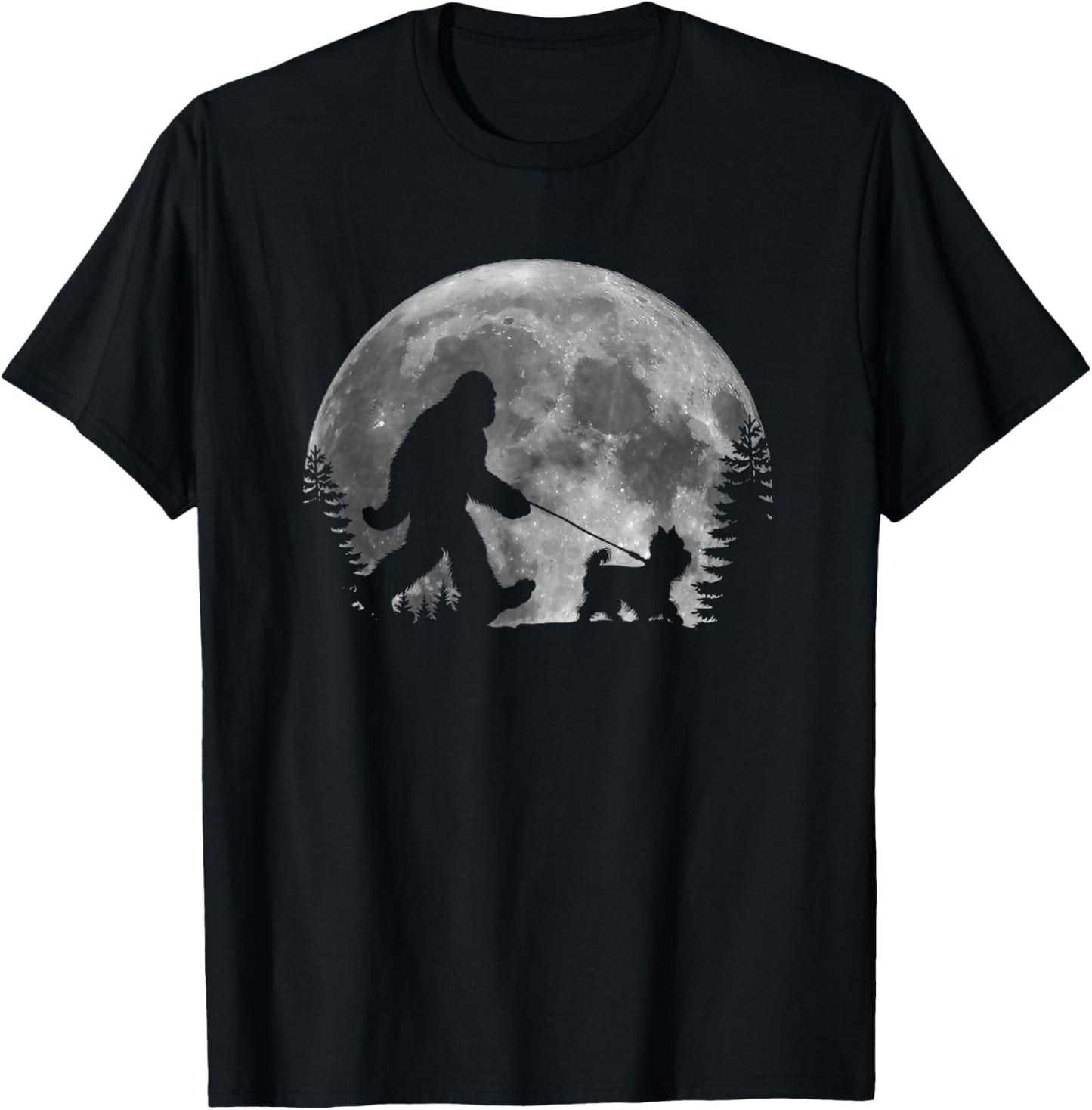 Bigfoot Walking a Dog Funny Yorkie Lovers Moon Halloween Women Kids T-Shirt - T-Shirt | Black