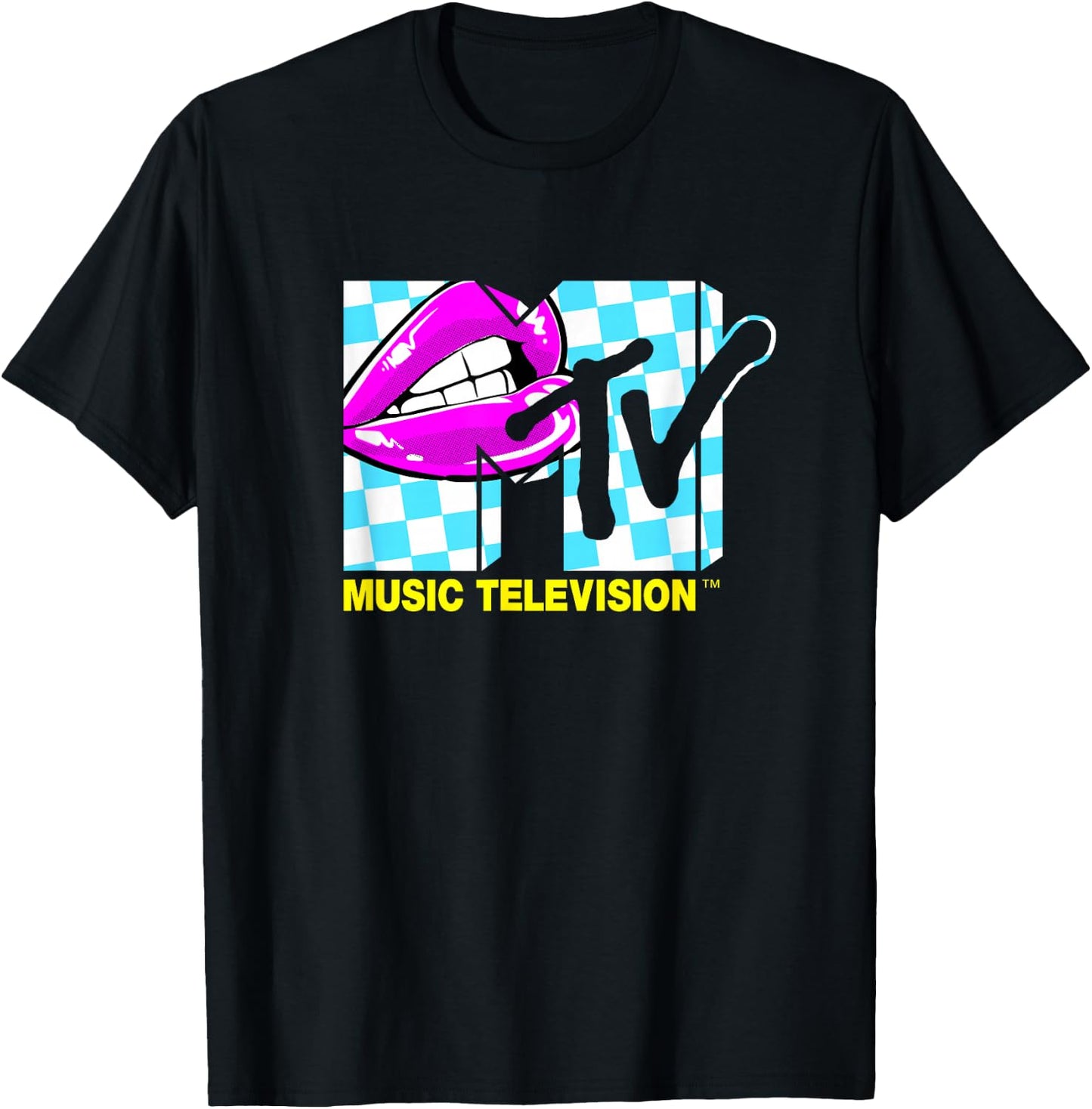 Mademark x MTV - Retro 1980s Pink Lips Checkered Kiss T-Shirt - T-Shirt | Black