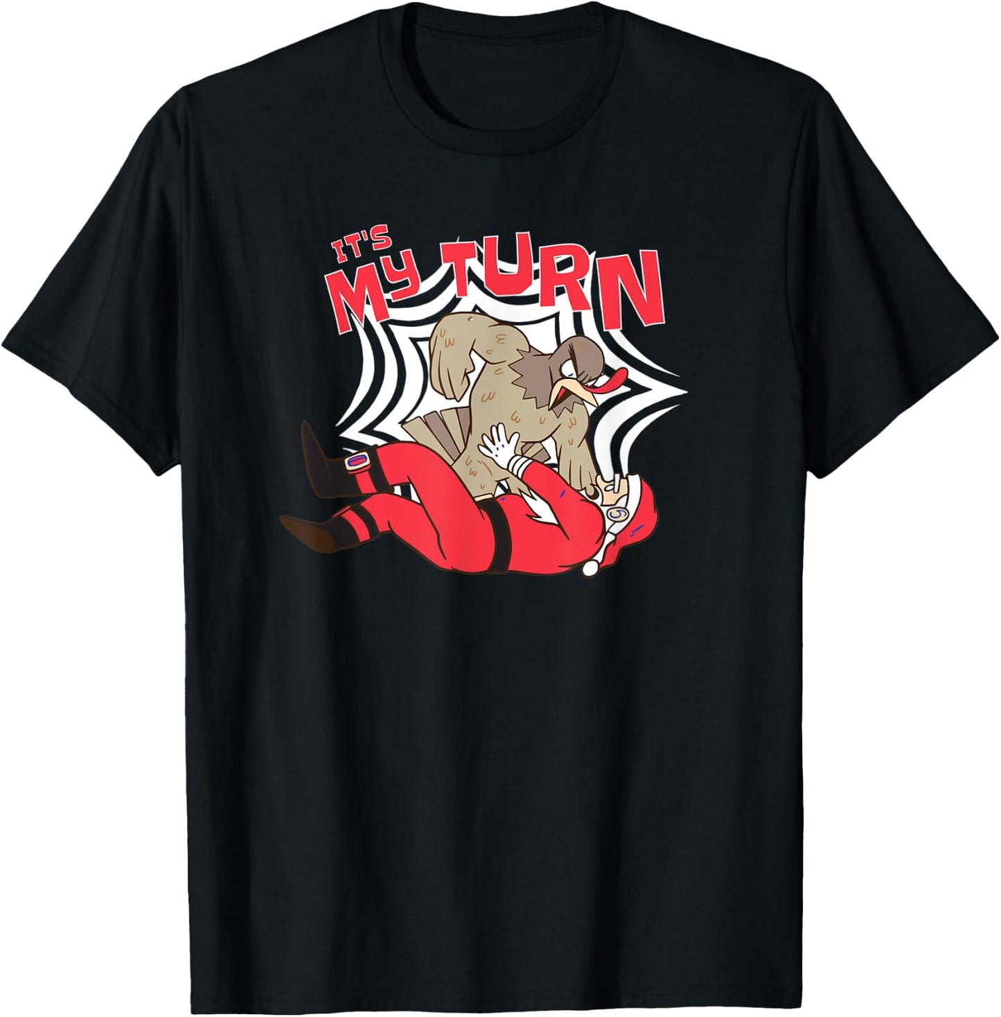 Thanksgiving Turkey Cartoon Beating Up Santa Claus - Funny T-Shirt - T-Shirt | Black