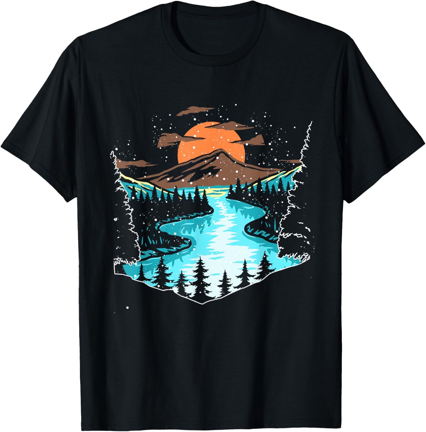 Wildlife Mountain River Outdoor Nature Full Moon Tree Forest T-Shirt - T-Shirt | Black