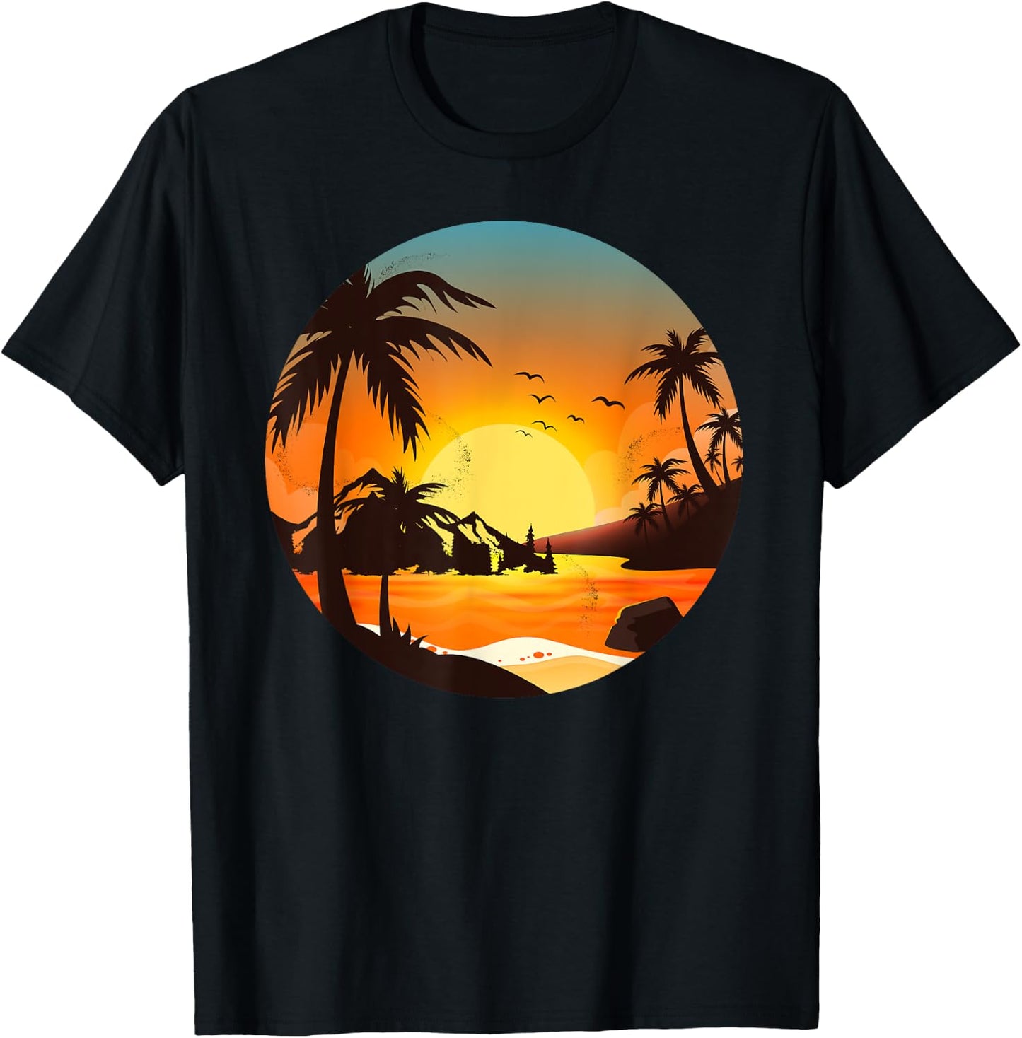 Tropical Sunset Mountains Beach Vacation Palm Trees Forest Women Girls Kids T-Shirt - T-Shirt | Black
