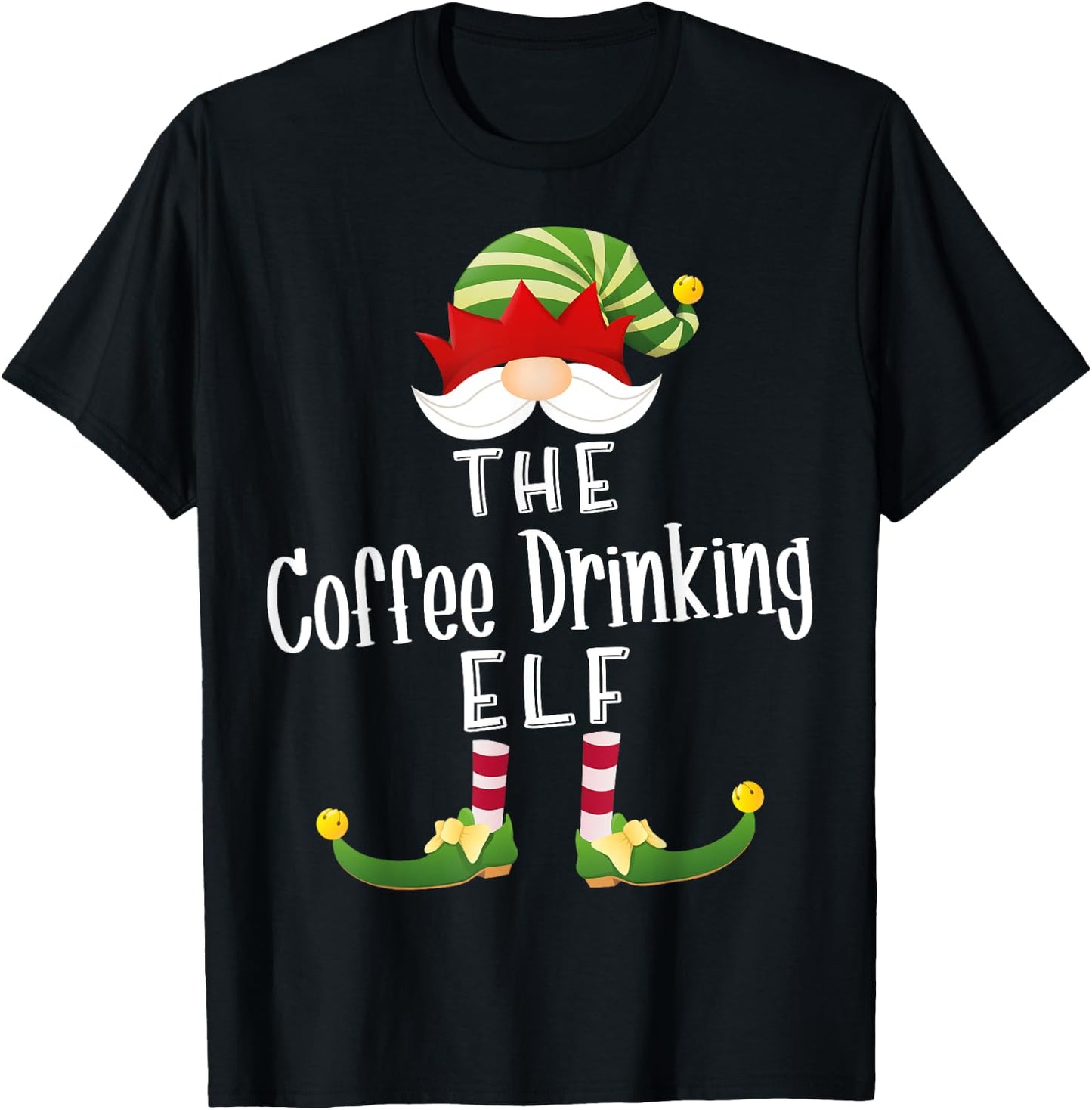 Coffee Drinking Elf Group Christmas Funny Pajama Party T-Shirt - T-Shirt | Black