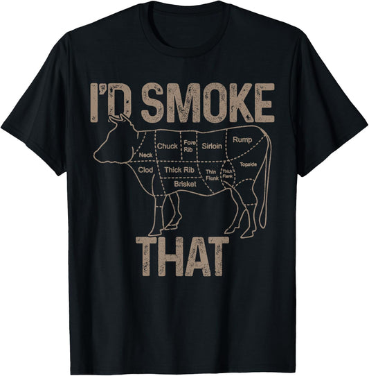 Chef Butcher Cook BBQ I'd Smoke That Cow Beef Funny Gift T-Shirt - T-Shirt | Black