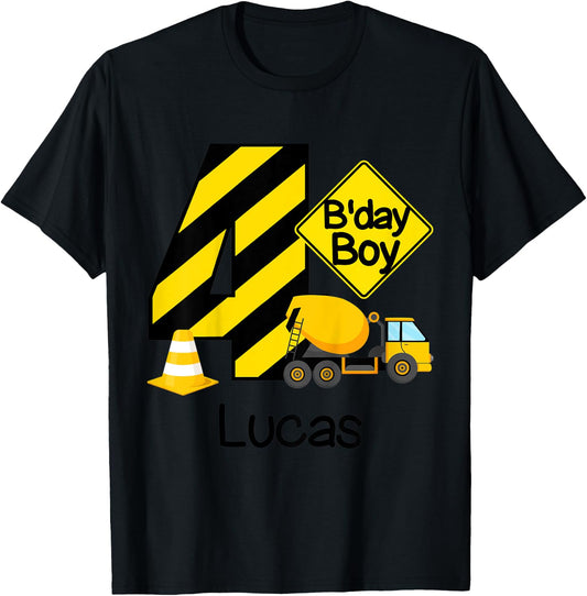Kids Construction 4th Birthday Lucas Boys 4 Years Old Party T-Shirt - T-Shirt | Black
