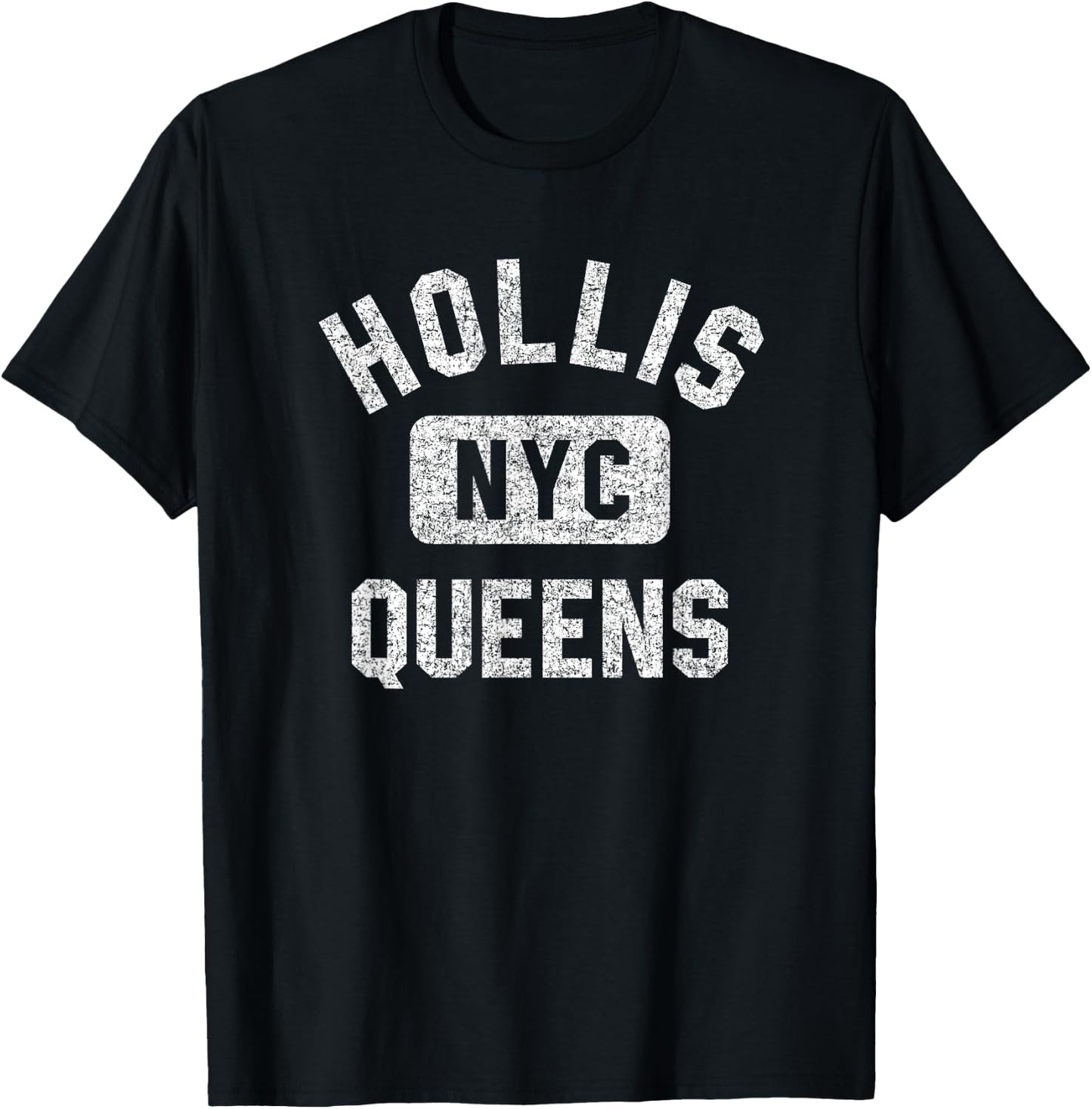 Hollis Queens NYC Gym Style Distressed White Print T-Shirt - T-Shirt | Black