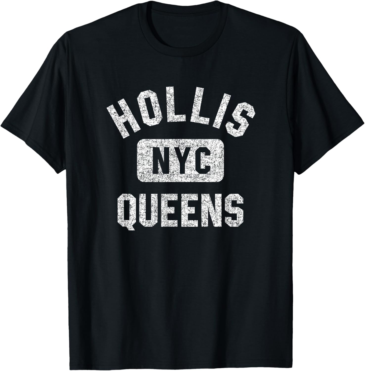 Hollis Queens NYC Gym Style Distressed White Print T-Shirt - T-Shirt | Black