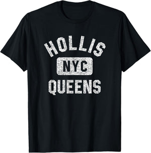 Hollis Queens NYC Gym Style Distressed White Print T-Shirt - T-Shirt | Black