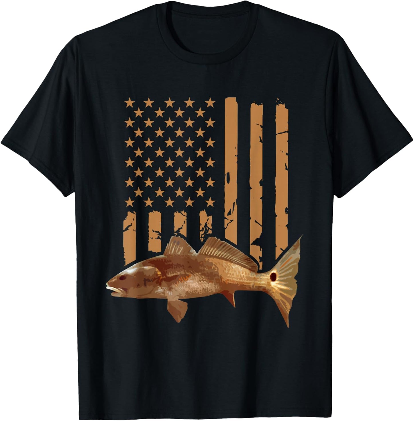 Redfish Fishing Red Drum Tailing USA American Flag Fisherman T-Shirt - T-Shirt | Black