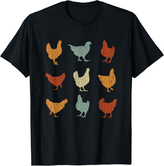 Cool Retro Domesticated Birds Animal Lover Outfit Vintage Chickens Funny Cute Farm Pet Owner Gift -Adults Black Small Classic Fit Short Sleeve Cotton Blend Chicken-Print T-Shirt - T-Shirt | Black