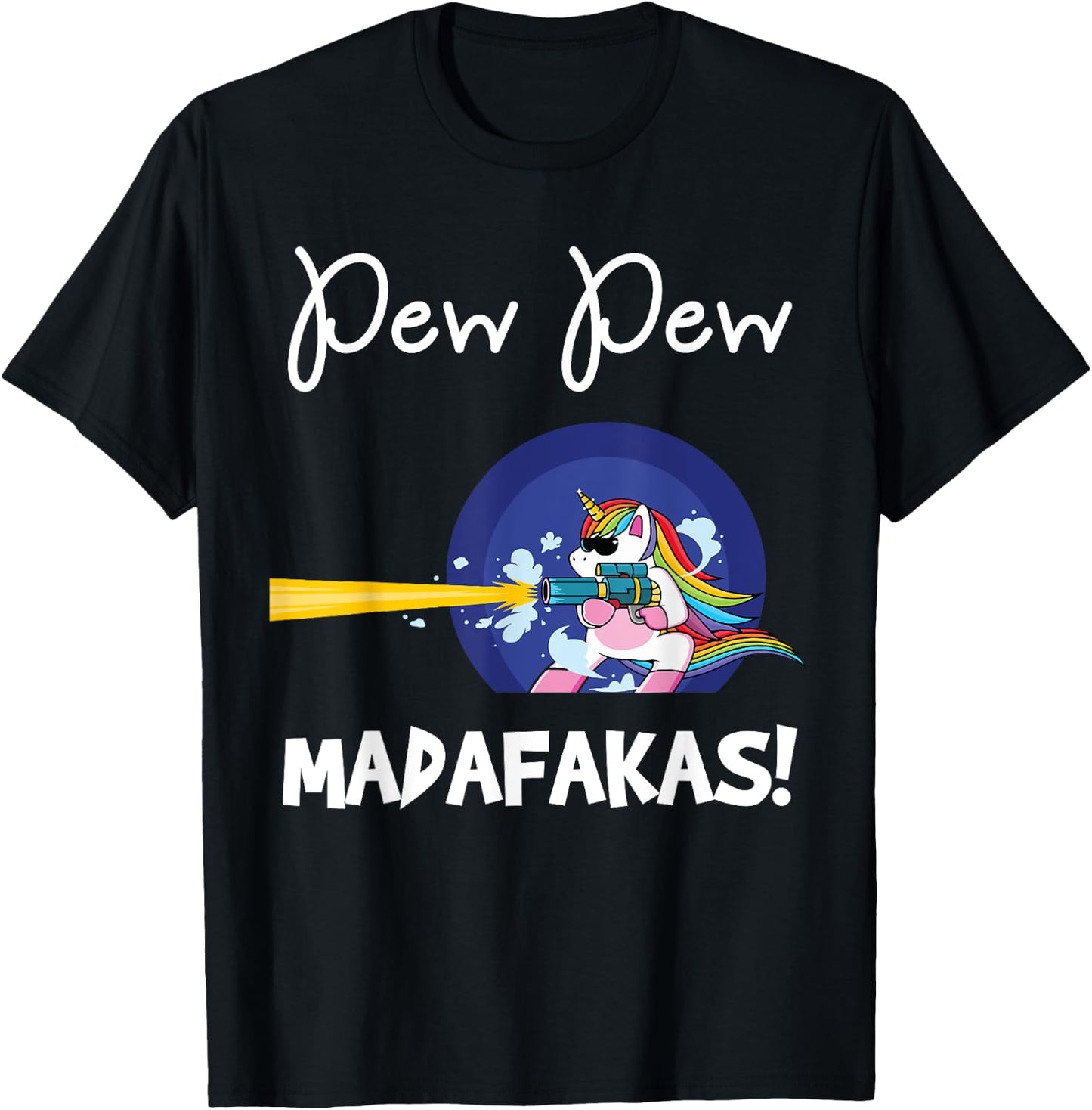PEW Madafakas Funny fantasy Unicorn With Gun White T-Shirt - T-Shirt | Black