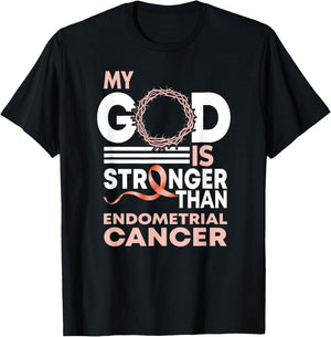 My God Is Stronger Than Endometrial Cancer Awareness Ribbon T-Shirt - T-Shirt | Black