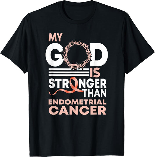 My God Is Stronger Than Endometrial Cancer Awareness Ribbon T-Shirt - T-Shirt | Black