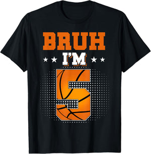 Retro Bruh I'm 5 Basketball 5th Bday Party 5 Years Old T-Shirt - T-Shirt | Black