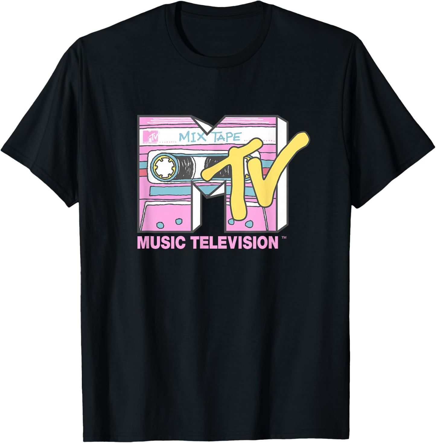 MTV Retro Neon Mix Tape Vintage Cassette Sketch Logo T-Shirt - T-Shirt | Black